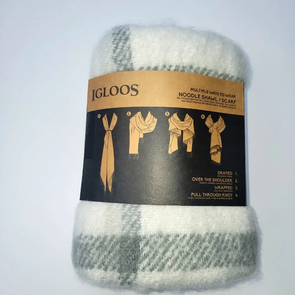 Igloos White Gray Plaid Boucle Noodle Shaw Winter Scarf